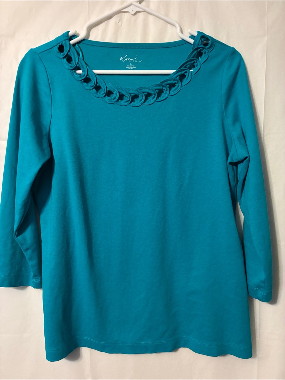 Kim Rogers Teal Chain-Trim Long Sleeve Tee 100% cotton